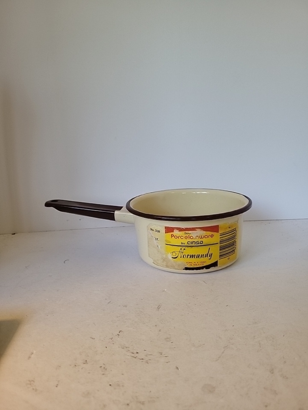 Vintage Cinsa Normandy Porcelainware Cream & Brown 1qt. Saucepan No.310